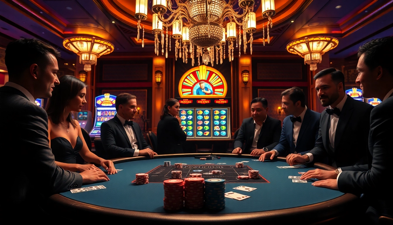 High-stakes poker play at qh88 casino with vibrant atmosphere and luxurious decor.