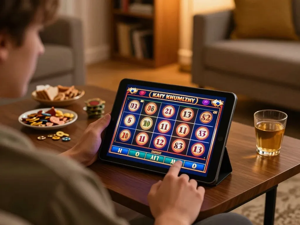 Player engaging in online casino gameplay on RR88 using a tablet in a cozy living room setting