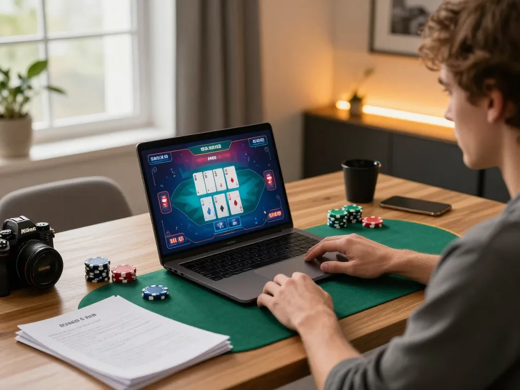 Player strategizing for dash88 poker while immersed in online gameplay at home.