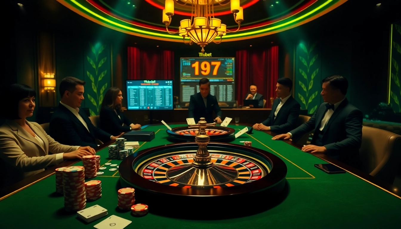 View players engaging at a thabet casino table filled with poker chips and cards, showcasing online gambling excitement.