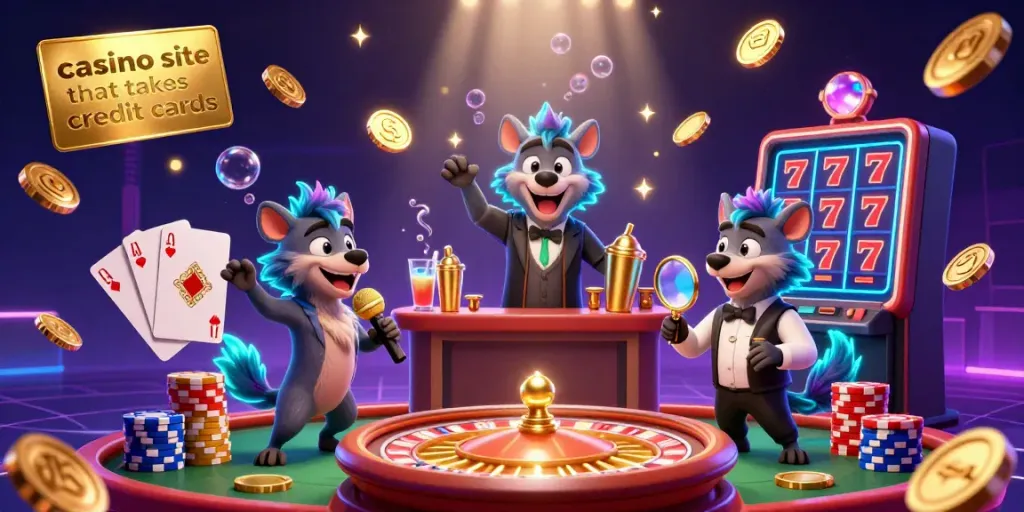 Engaging cartoon scene from a casino site that takes credit cards illustrating hyenas as a comedian, a bartender, and a bouncer in a lively setting.