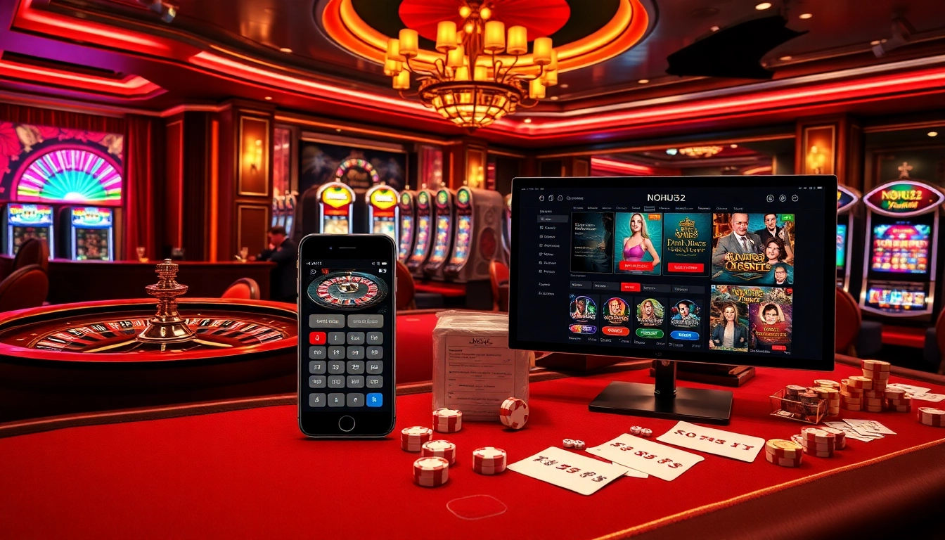 Experience the thrilling world of NOHU52 with vibrant slot machines and poker tables in a luxurious casino setting.