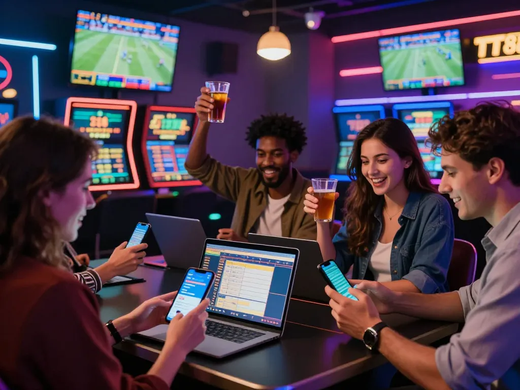 Engaging scene at https://tt88.mex.com/ with friends celebrating their betting success in a neon-lit environment.