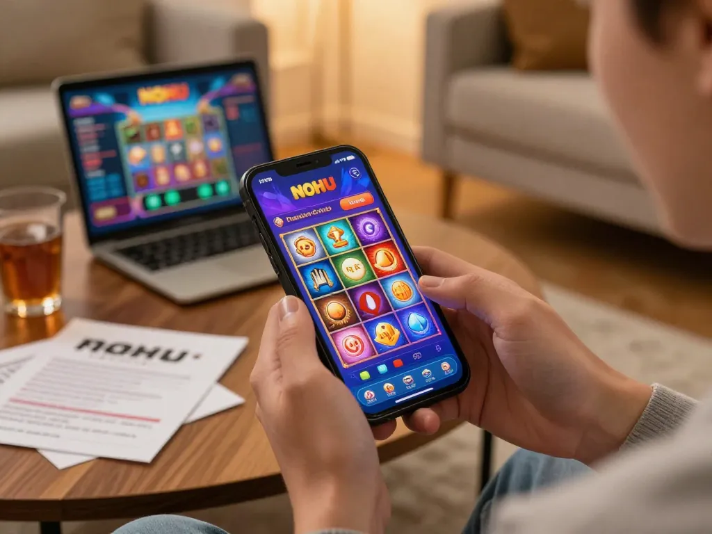 Engaging with nohu casino app on smartphone while enjoying a cozy home environment