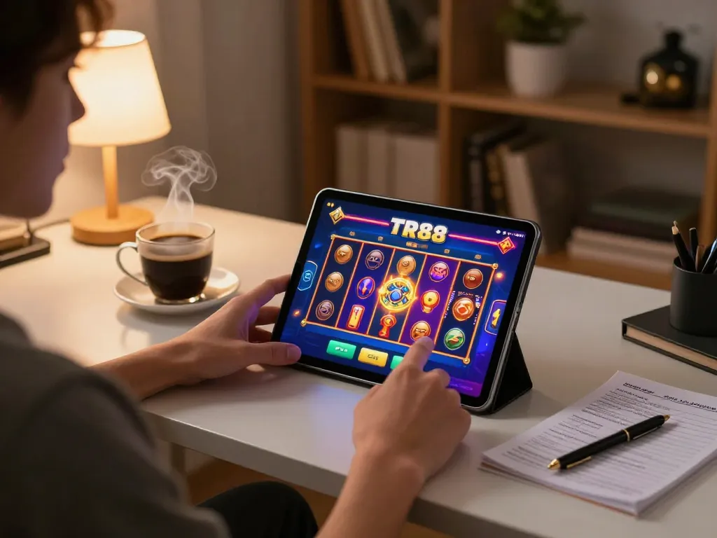 Player enjoying TR88 casino app on tablet in a cozy gaming setup, showcasing engaging gameplay.