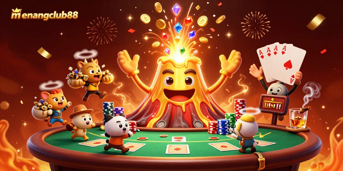 Experience winning at menangclub88 with a triumphant volcano erupting coins and poker elements.