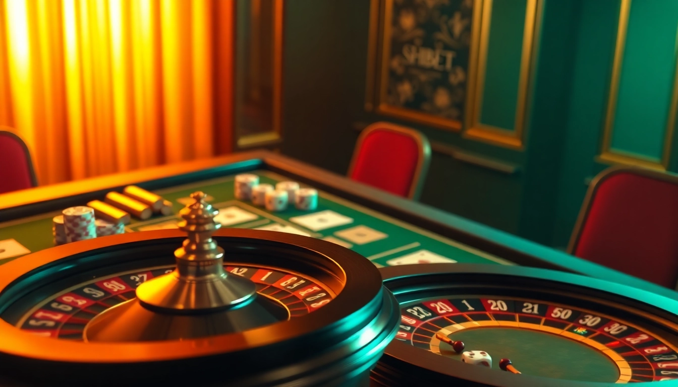Experience thrilling SHBET gameplay at an exciting casino table with cards and roulette.