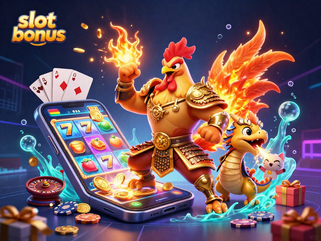 Experience the excitement of a slot bonus with a 3D cartoon rooster warrior and dragon amidst vivid casino elements.