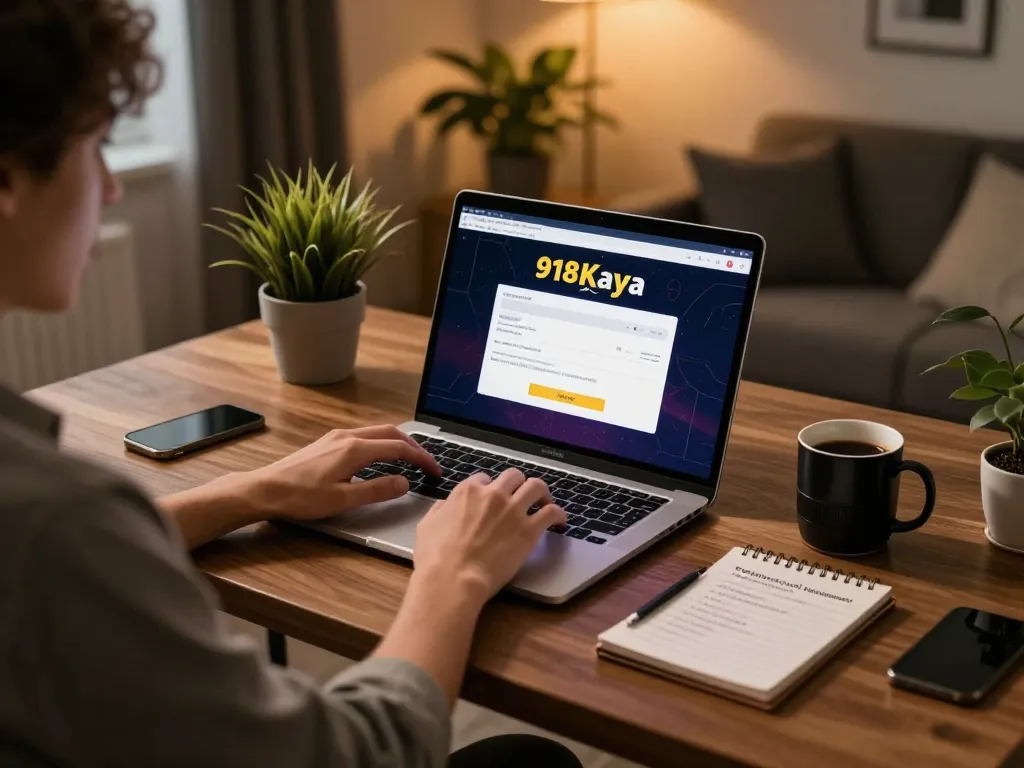 Engaging in 918Kaya login and registration from a modern home office setup with laptop and strategic notes.