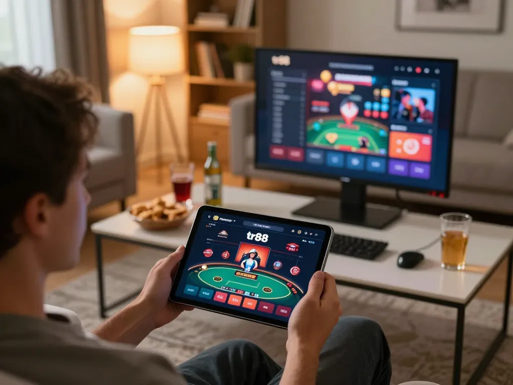 Engaging with the tr88. casino app on a tablet in a cozy living room setting