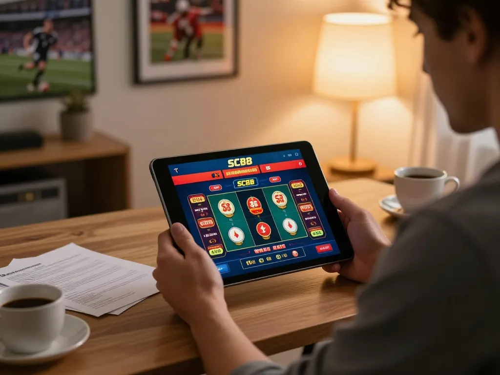 Engaging with the SC88 casino app, a player strategizes sports betting in a warm home office.