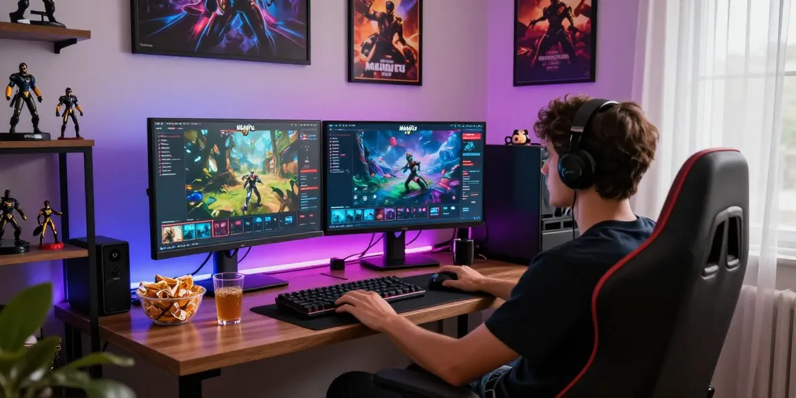 Gamer engaging with Mahajitu online gaming platform, showcasing vibrant setup and immersive atmosphere.