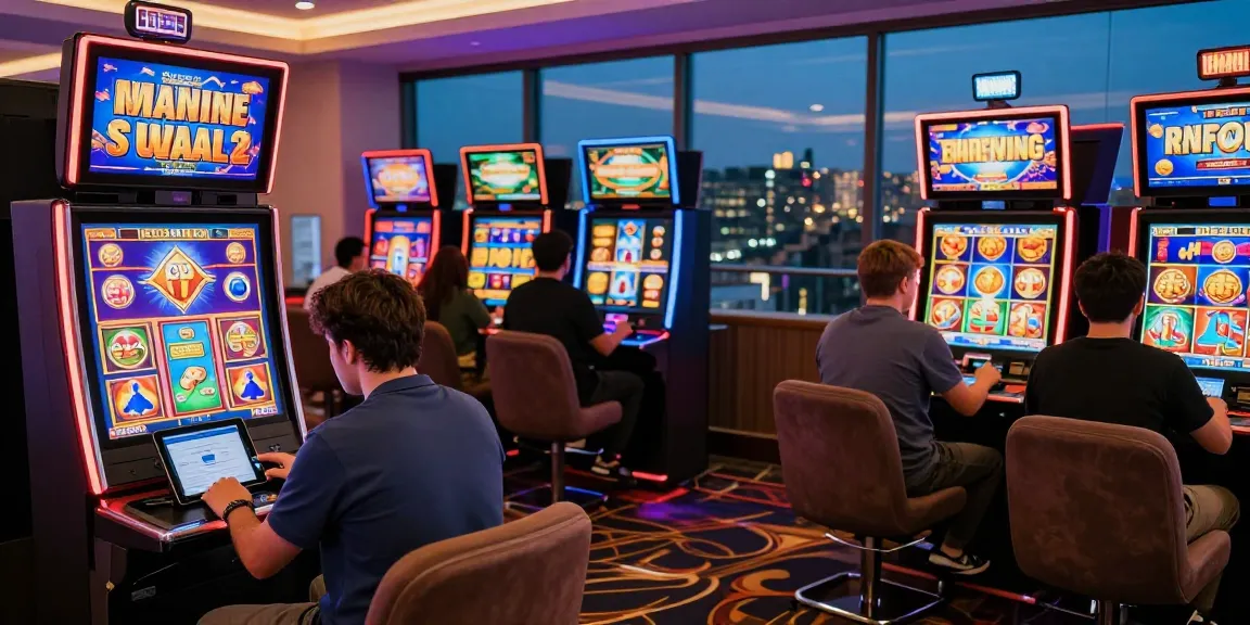 Players enjoying bonus buy slots at a stylish online casino, celebrating wins and engaging with vibrant game mechanics.