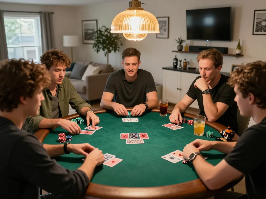Friends strategizing their next move while playing poker with Go88 at a home game night.