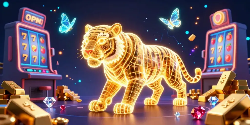 Janda4dmar membawa keberuntungan dengan harimau emas dan mesin slot berkilauan.