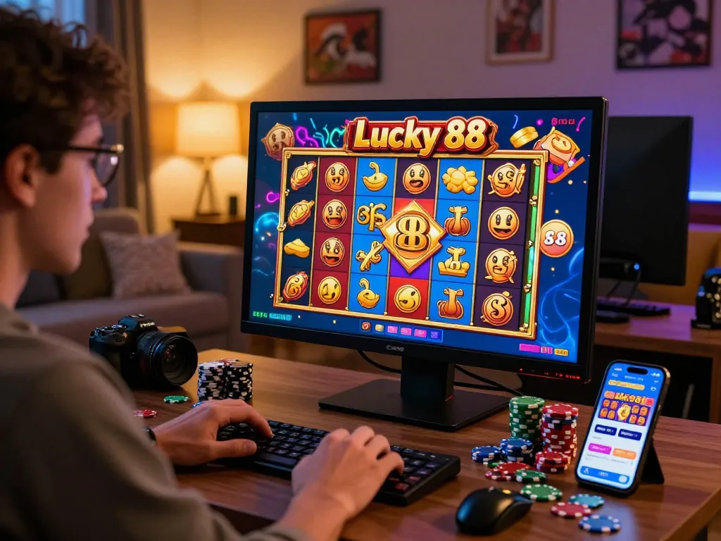 Player experiencing excitement while playing the Lucky 88 slot game in a cozy home setting.