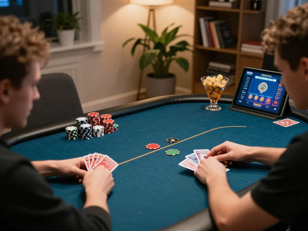 Player strategizing in an online poker game on LV88 while enjoying a cozy home setting