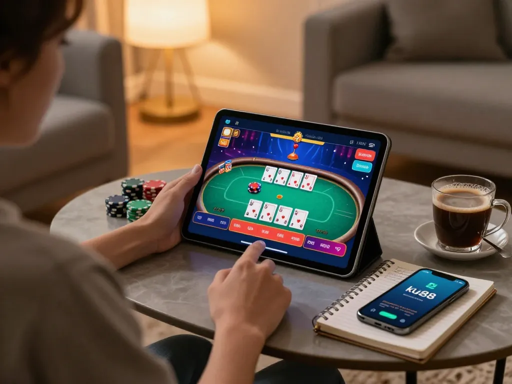 Engaged player using the ku88 app on a tablet for live casino gaming, showcasing a poker match.