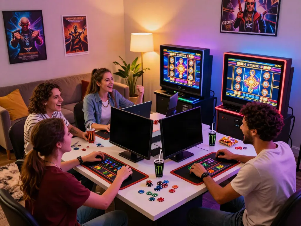 Friends enjoying a lively gaming session with akunjp slots in a stylish gaming room.