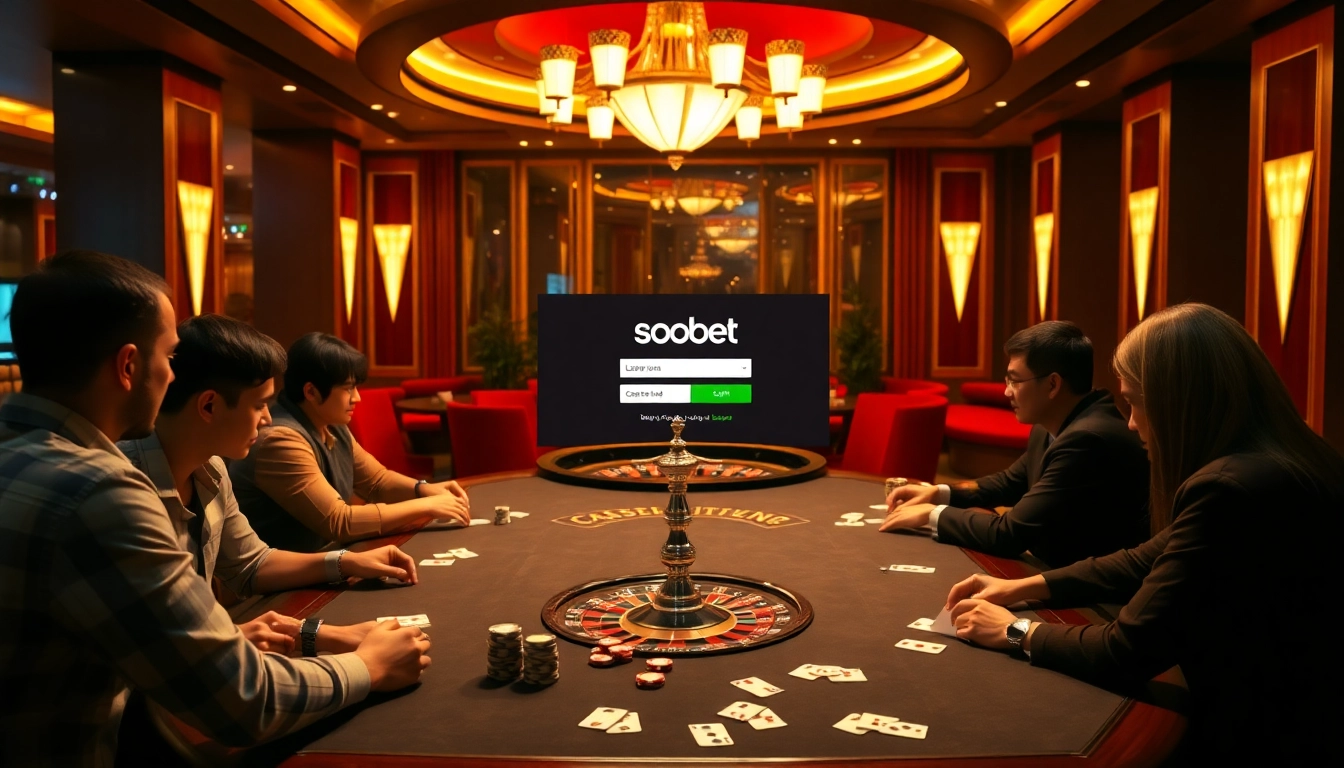 Experience sbobet link login interactions through vibrant casino scenes with poker tables and roulette wheels.