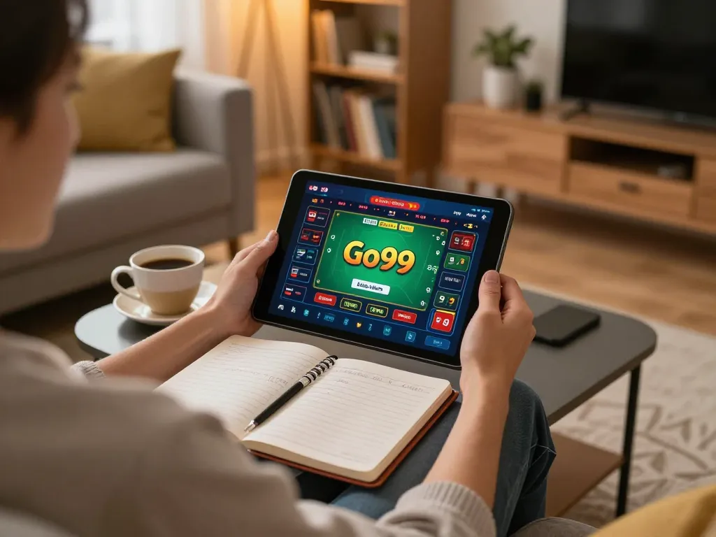 Engaged user playing Go99 online casino game with tablet in cozy home setting.