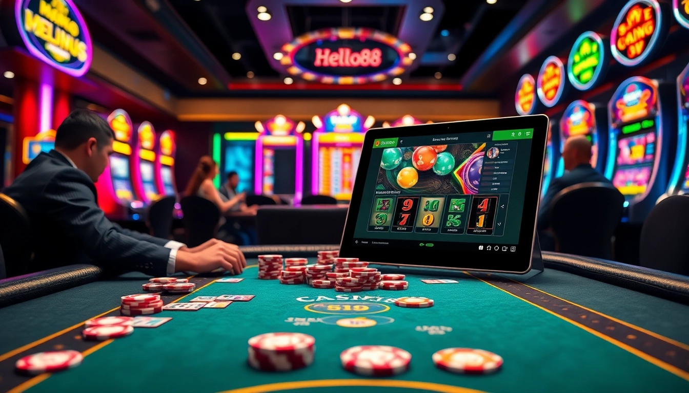 Hello88 casino players engaged in an intense poker game with vibrant betting chips and a high-tech interface.
