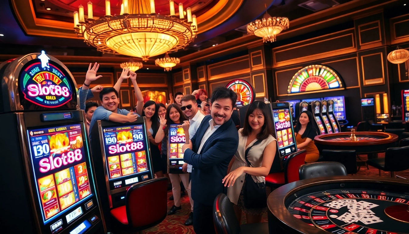 Penjudi berinteraksi dengan mesin slot88 yang cerah di dalam suasana kasino yang mewah.