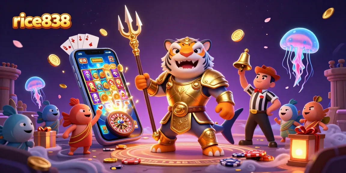 Experience the thrill of rice838 with a vibrant underwater scene filled with slot games and a fierce shark!