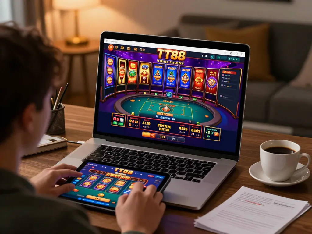 Engaging gameplay on TT88, player using a tablet while seated in cozy home space.