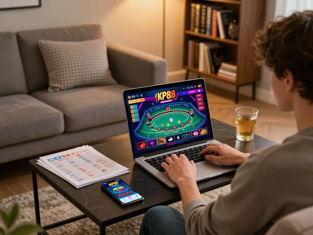 Person engaging with KP88's online blackjack game on laptop, showcasing strategic gameplay in a cozy home environment.