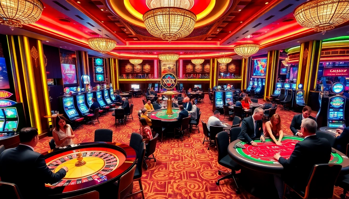 Players enjoying games at xx88 casino with dealers and vibrant slot machines.