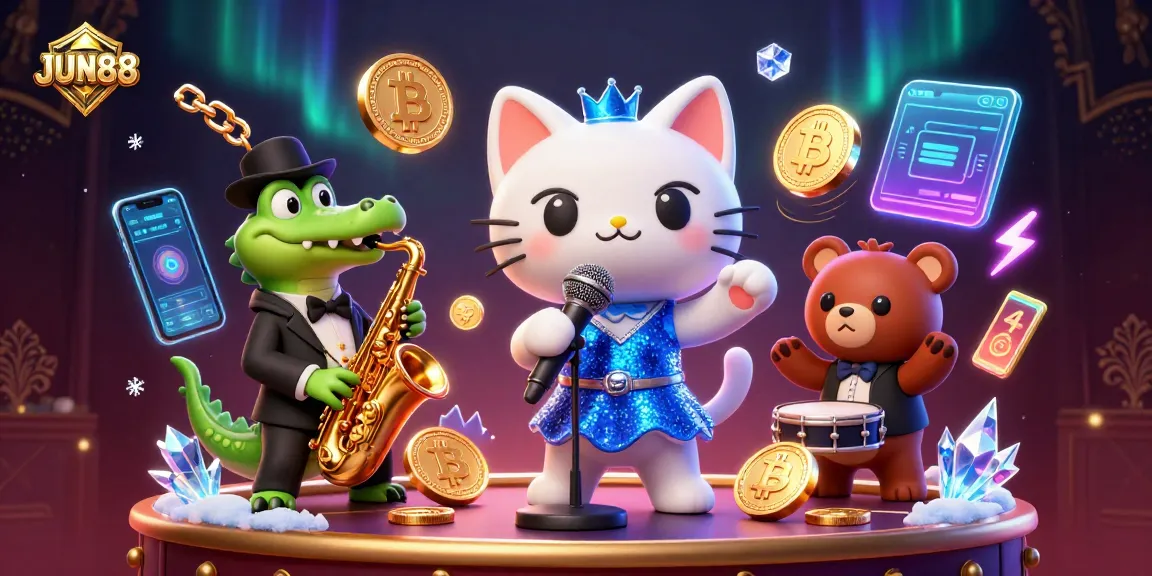 Experience the thrilling atmosphere of JUN88 with a dazzling 3D casino illustration featuring vibrant characters and cryptocurrency elements.