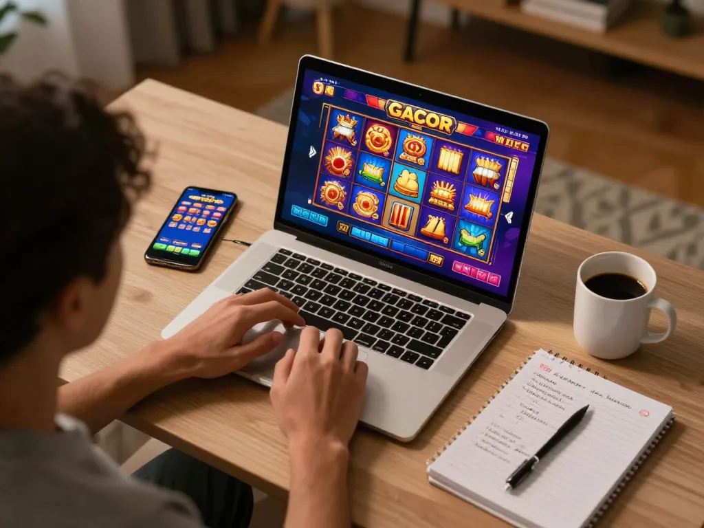 Engaging online gameplay experience with slot gacor visuals on a laptop screen
