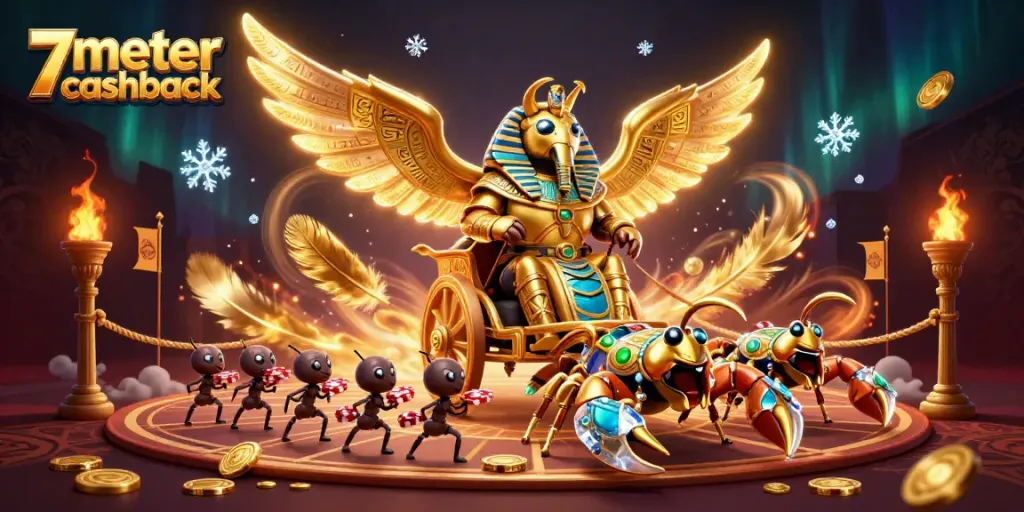 Engage in thrilling gameplay with 7meter cashback's golden scarab beetle chariot scene featuring dynamic betting elements.