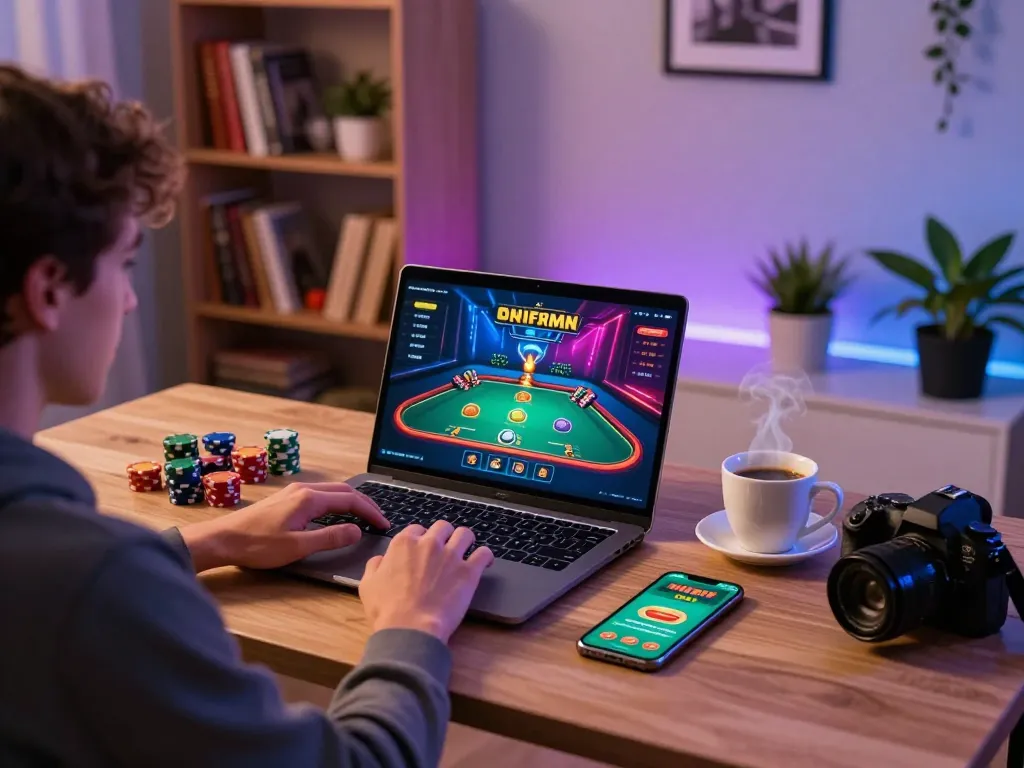 Player enjoying an online poker game on MB66 platform, showcasing a cozy gaming setup with strategy notes.