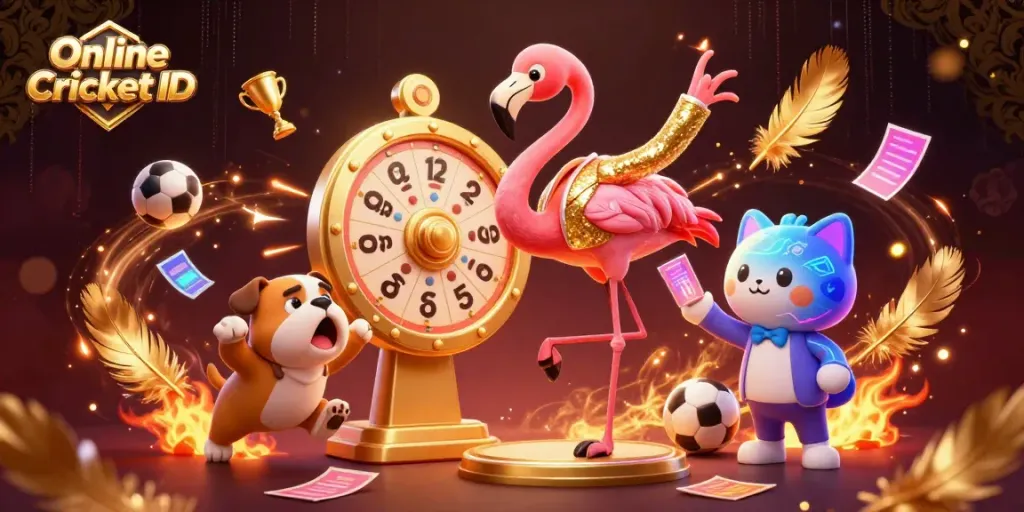 Experience Online Cricket ID excitement with vibrant game show host flamingo and bulldog contestant in dynamic betting scene.