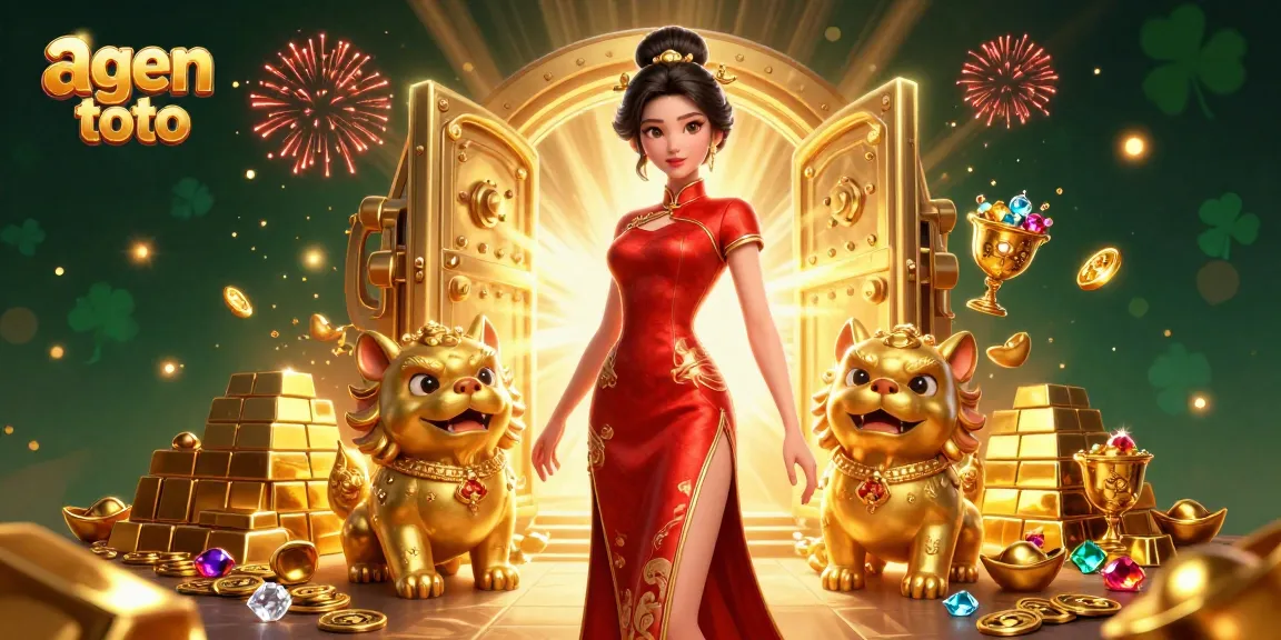 Experience agen toto with vibrant visuals of a glamorous woman and golden treasures.