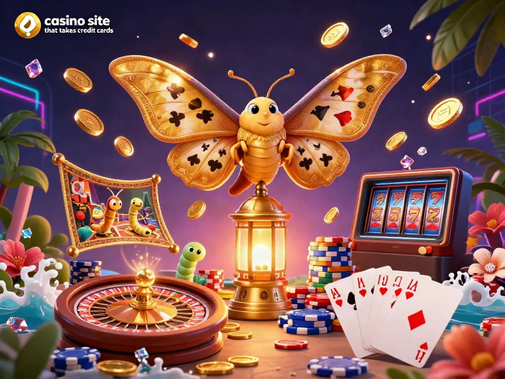 Experience excitement with a vibrant illustration of a casino site that takes credit cards, showcasing moths and game elements.