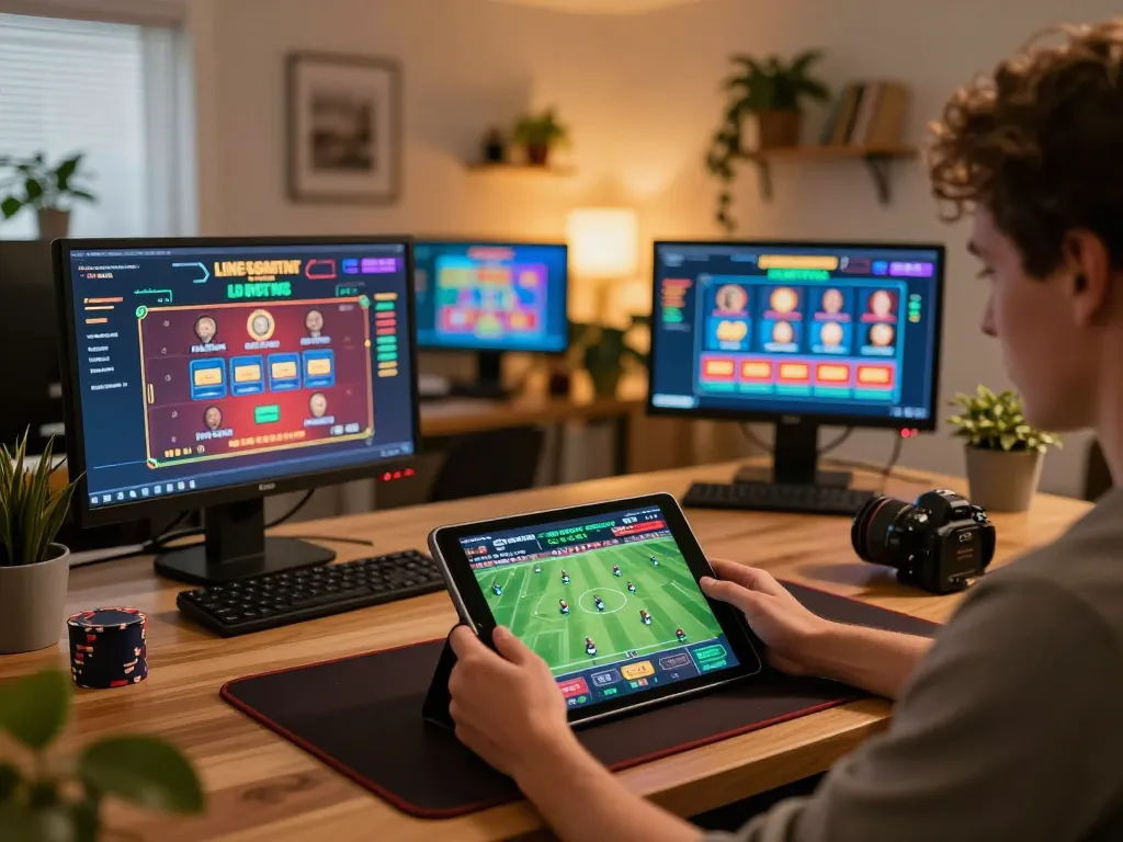 Player engaging in rr88 live betting from home setup with multiple screens and tablet.