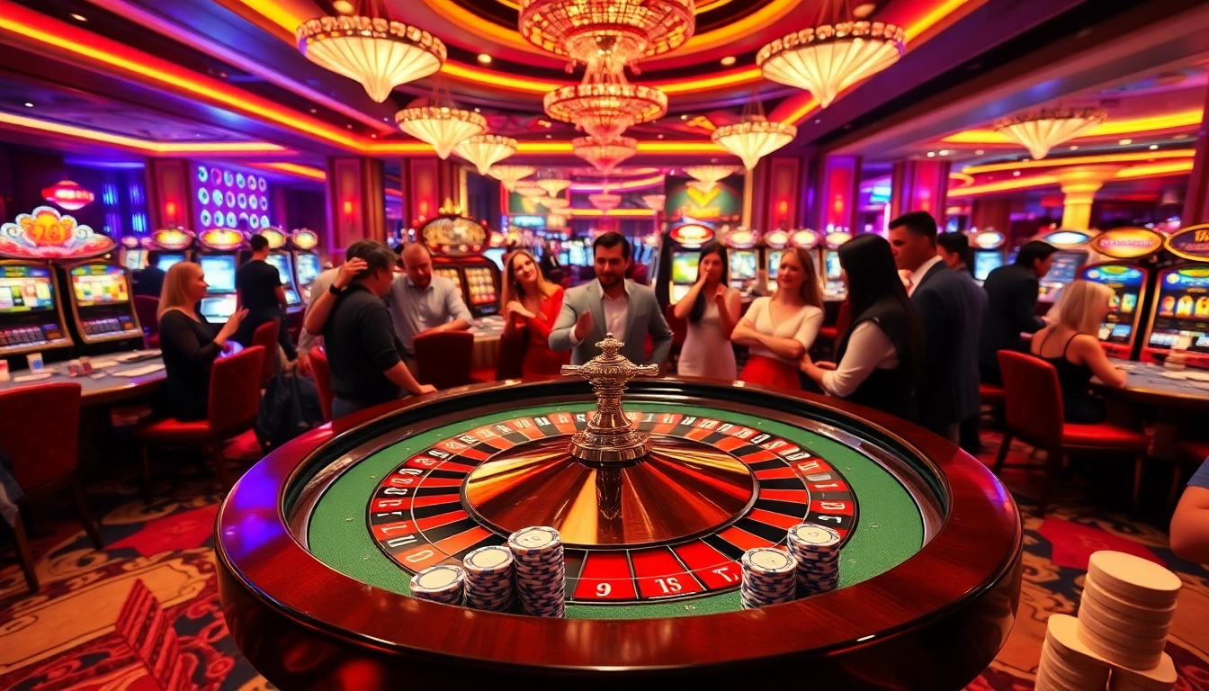 The vibrant casino atmosphere of 68win net showcases players engaging at a roulette table.