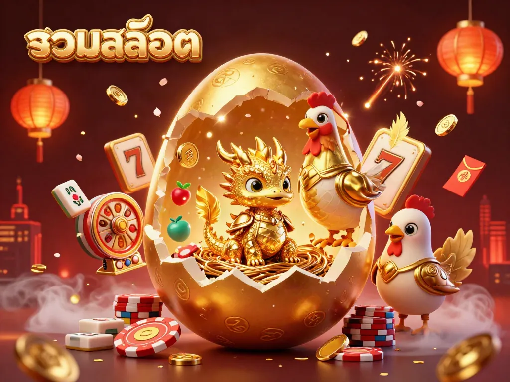Engage with exciting รวมสล็อต features as a golden dragon emerges from a nest of poker chips in this vibrant casino scene.