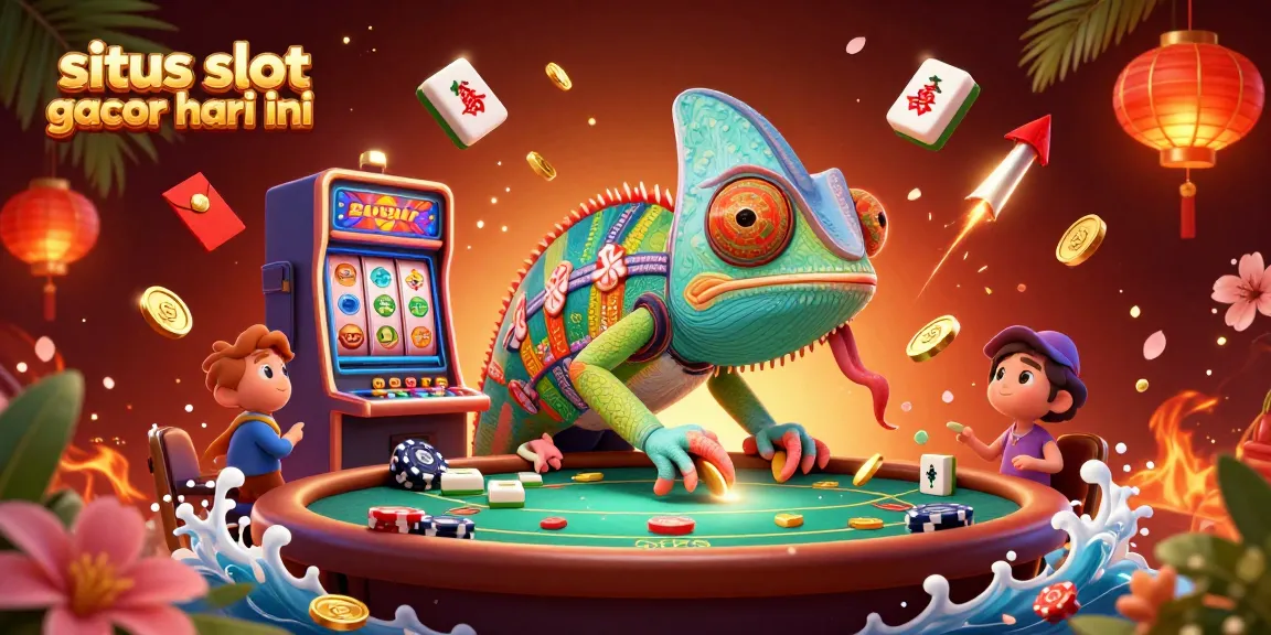 Permainan menarik situs slot gacor hari ini dengan chameleon kasino yang ceria dan simbol slot mengelilinginya.