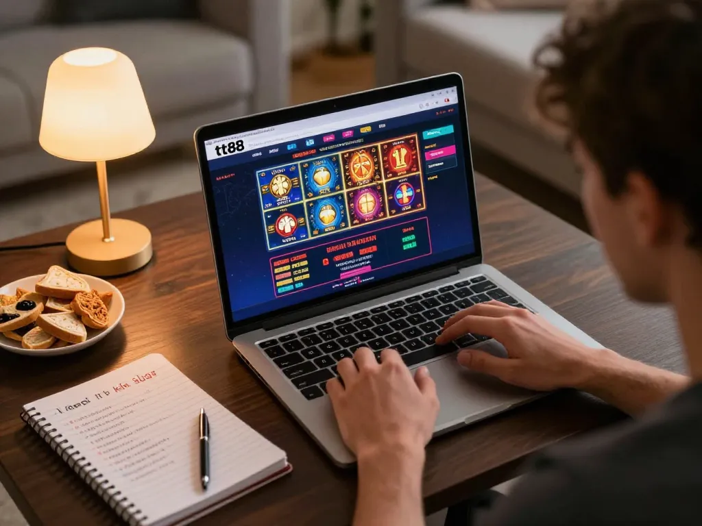 Player engaging with nhà cái tt88 while enjoying a cozy online casino session at home