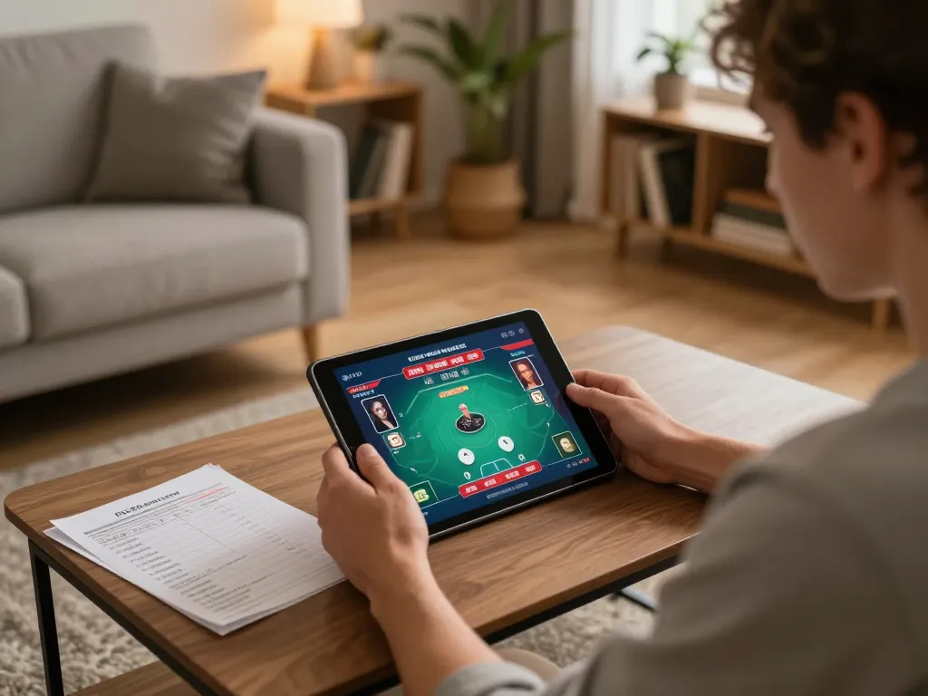 Engaging with the bsport app at home while managing bankroll strategies during online poker gameplay.