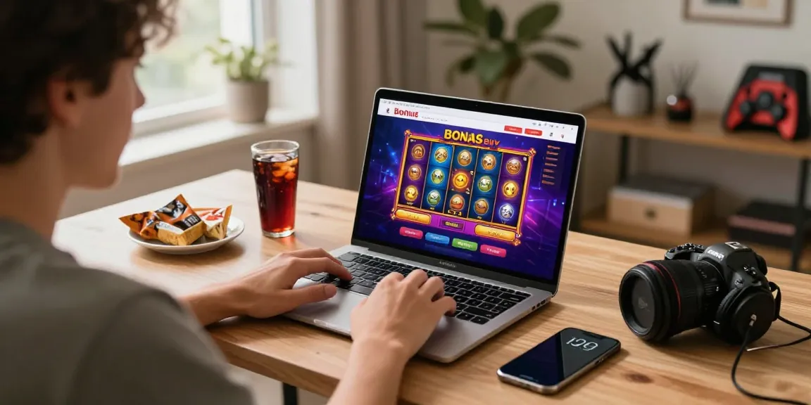 Engaged player exploring Bonus Buy Slots on cocomaya.co.uk with vibrant graphics and gaming setup.