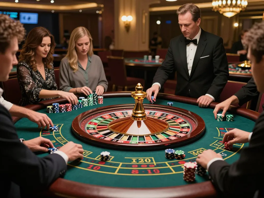 Players engaging in strategic betting at btopcshop's elegant roulette table amidst a vibrant casino atmosphere.