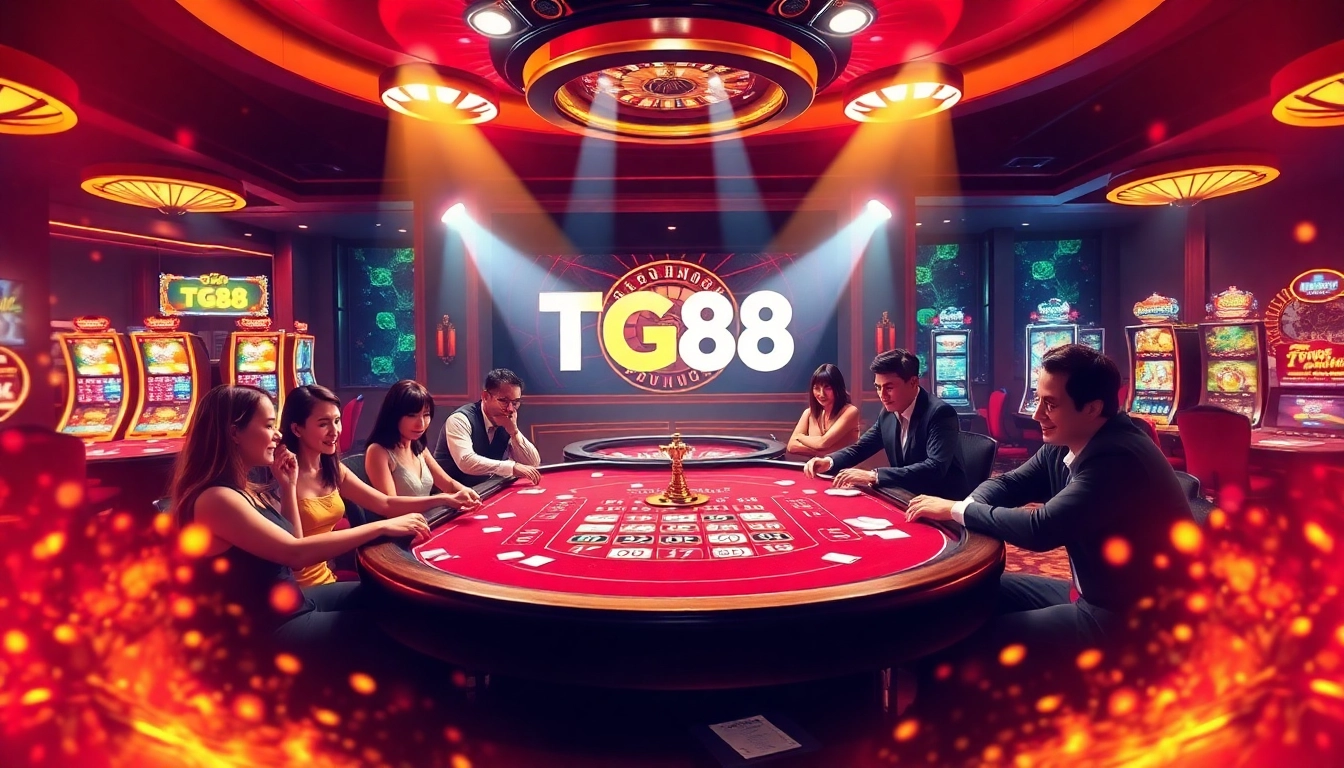 TG88 casino players engaging around a vibrant gambling table filled with cards and colorful chips.