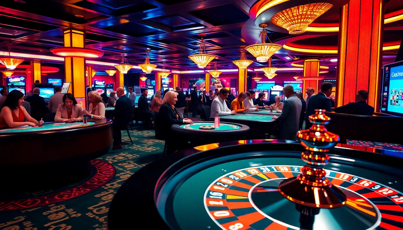 Aktive Spieler, die casino spielen, umgeben von lebhaften Lichtern und einem Roulettetisch.