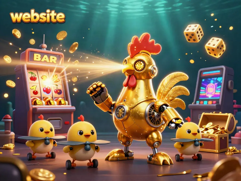 Menangkan jackpot di situs web dengan mesin slot dan robot ayam berkilau.