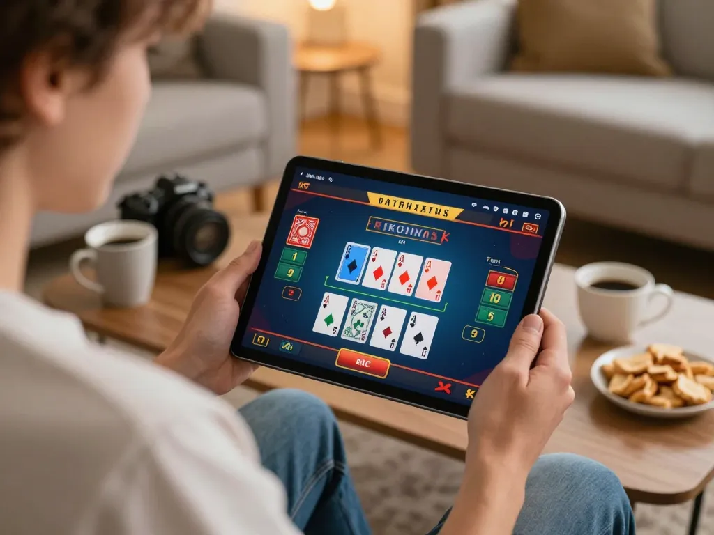 Engaging in live dealer blackjack on tablet, showcasing 88aa winning strategies in a cozy home.